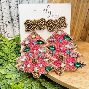 Hot Pink Bejeweled Christmas Tree Dangle Earrings | Glam Beaded New Lightweight